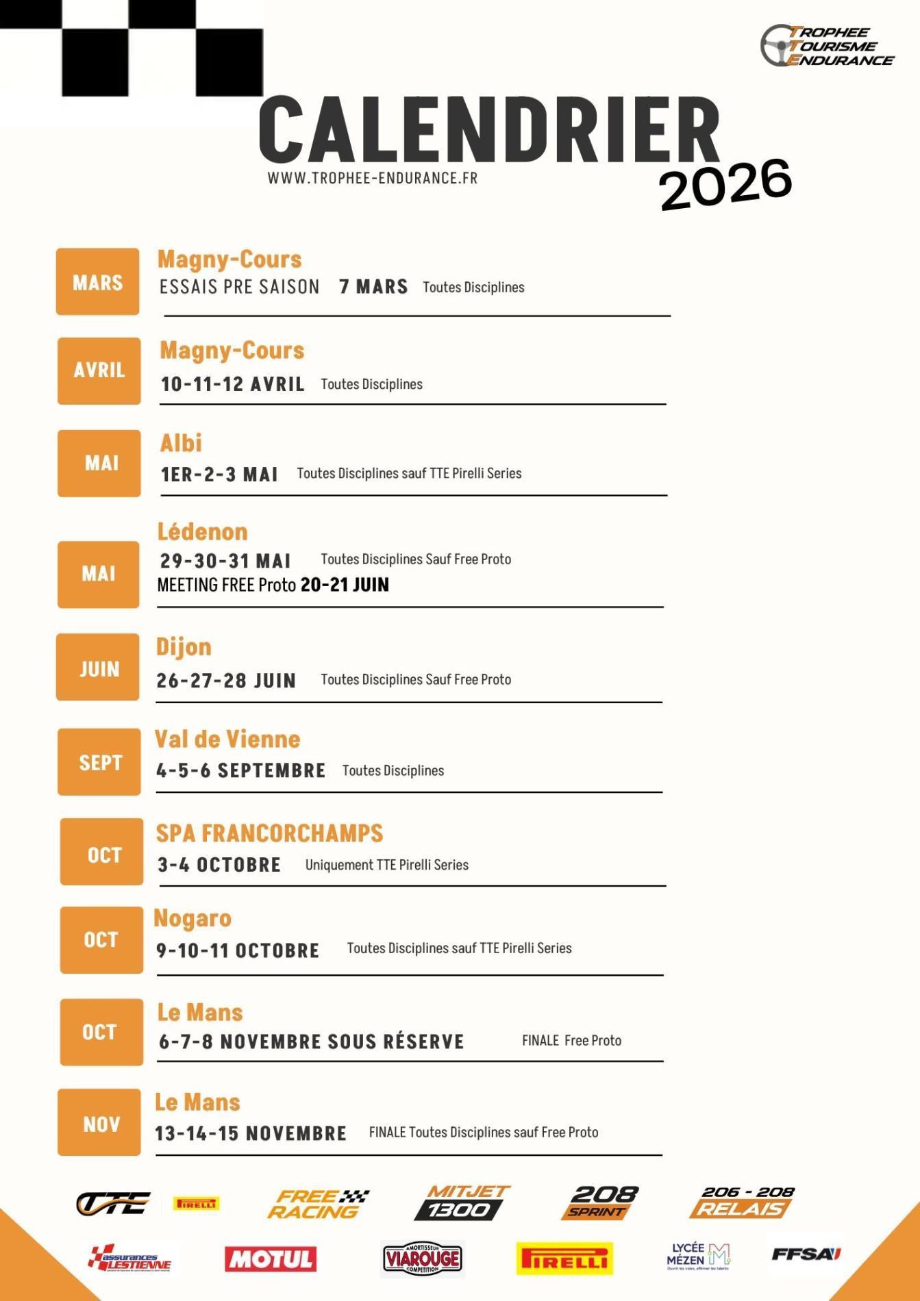 Calendrier Championnat TTE 2026